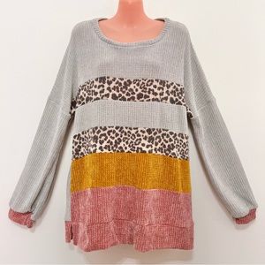 Lovely Melody Colorblock Striped Leopard Print Oversized Sweater Chunky Knit